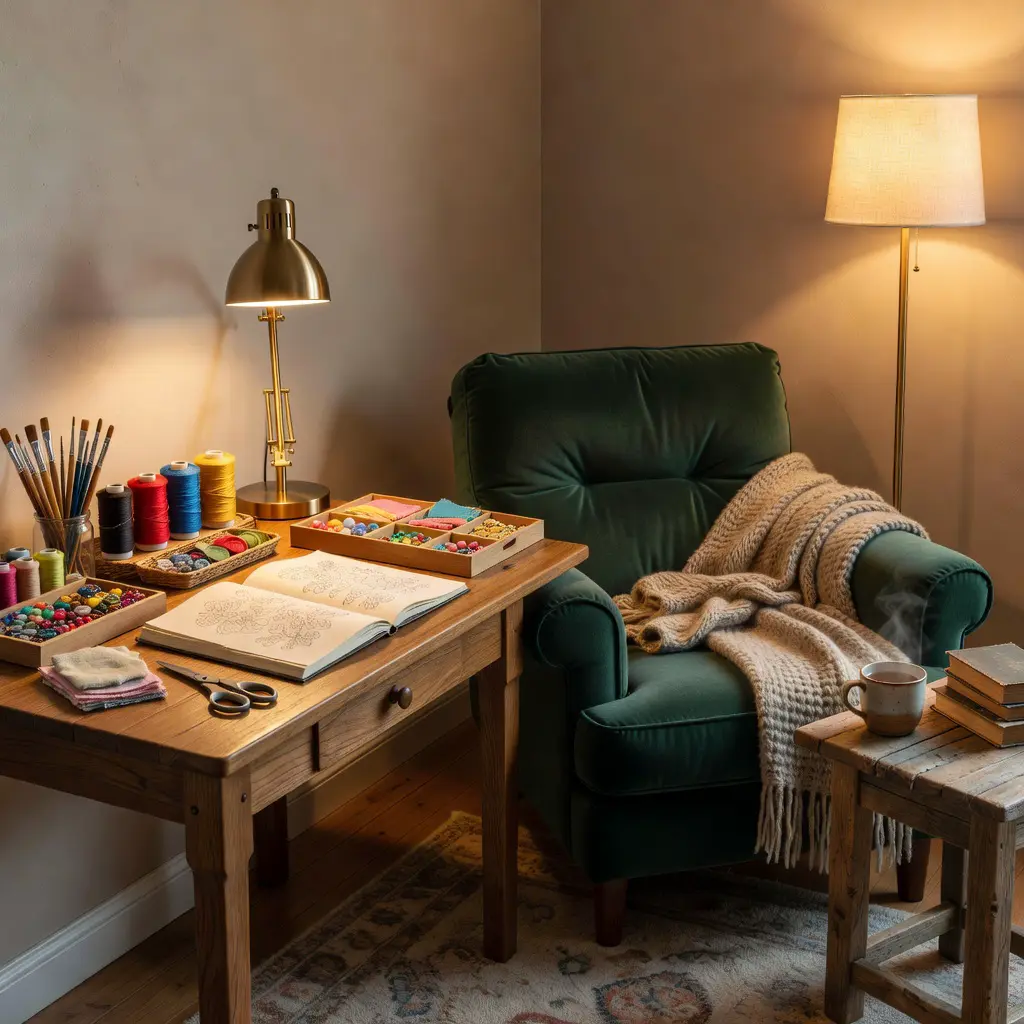 A tidy home craft corner with organized supplies next to a comfortable reading nook, representing balanced creative hobbies and relaxation in a cozy domestic space