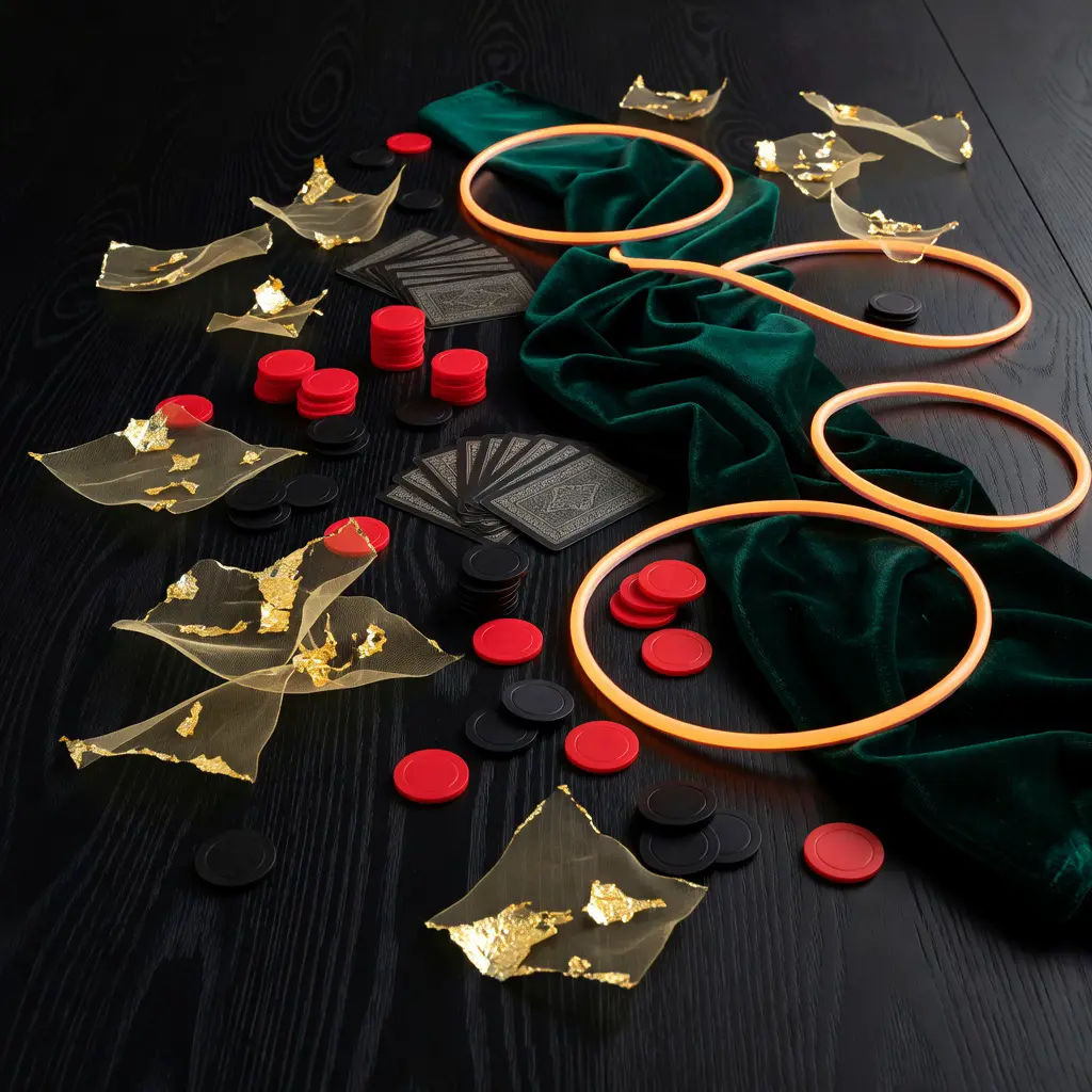 Bitcoin kasino inspired craft materials arranged on dark craft table An overhead view of a dark craft workspace featuring gold leaf sheets, emerald velvet fabric swatches, red and black poker chips, playing cards, and coiled LED neon rope arranged for bitcoin kasino inspired home crafts