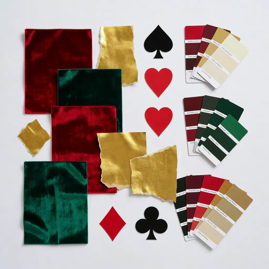 Casino-inspired craft mood board with color swatches A colorful flat-lay mood board featuring casino color palettes, card suit patterns, velvet fabric swatches, and metallic paint chips for home craft inspiration