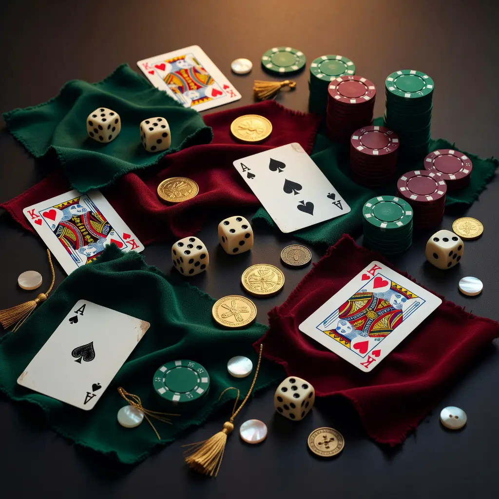 A flat lay mood board of casino-inspired home decor craft ideas featuring rich jewel tones, playing cards, gold accents, dice, and velvet fabric swatches