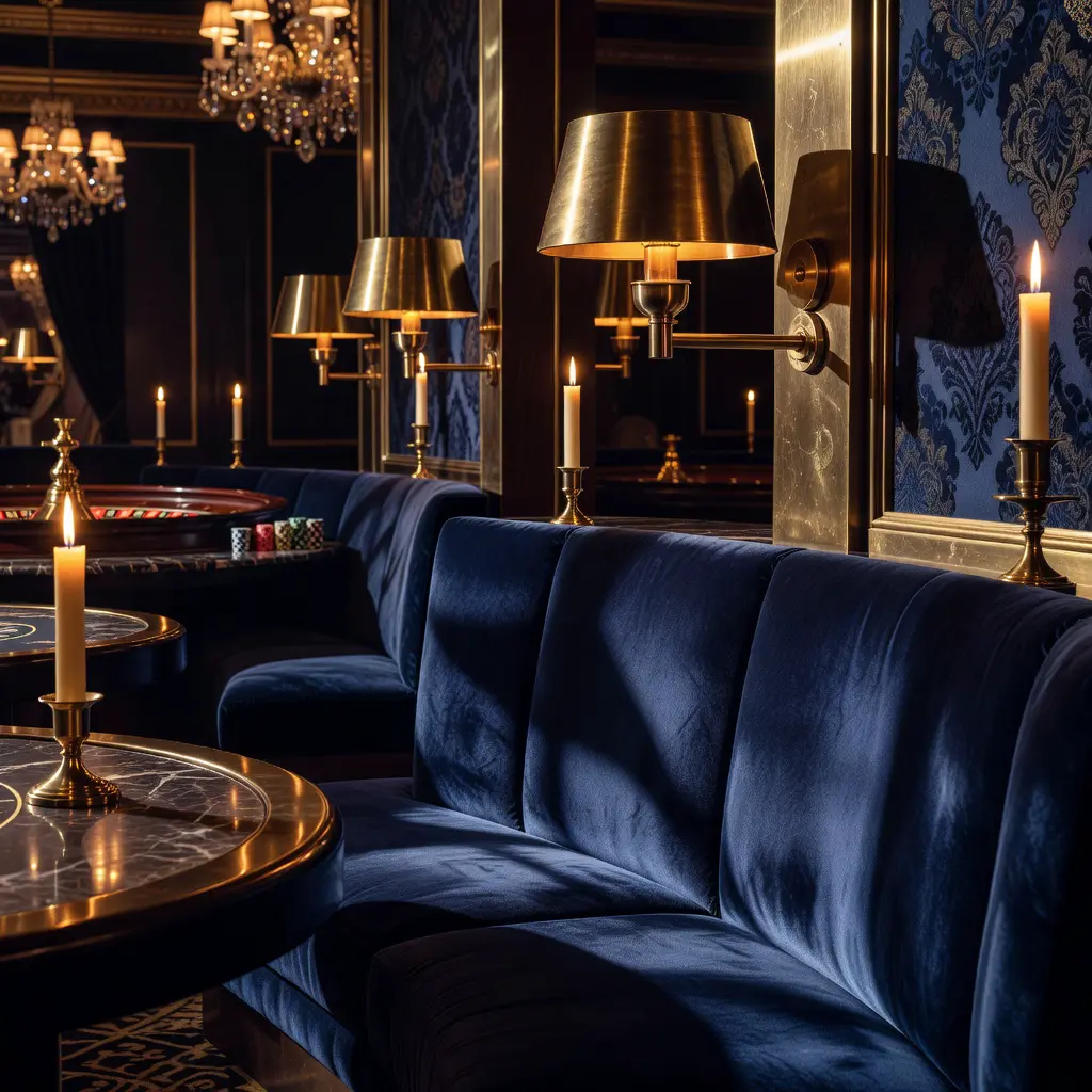 Casino interior brass fixtures and velvet textures for craft inspiration Opulent casino interior detail showing brushed brass lamp fixtures, deep indigo velvet upholstery, and warm amber candlelight as a reference for home craft color and texture inspiration