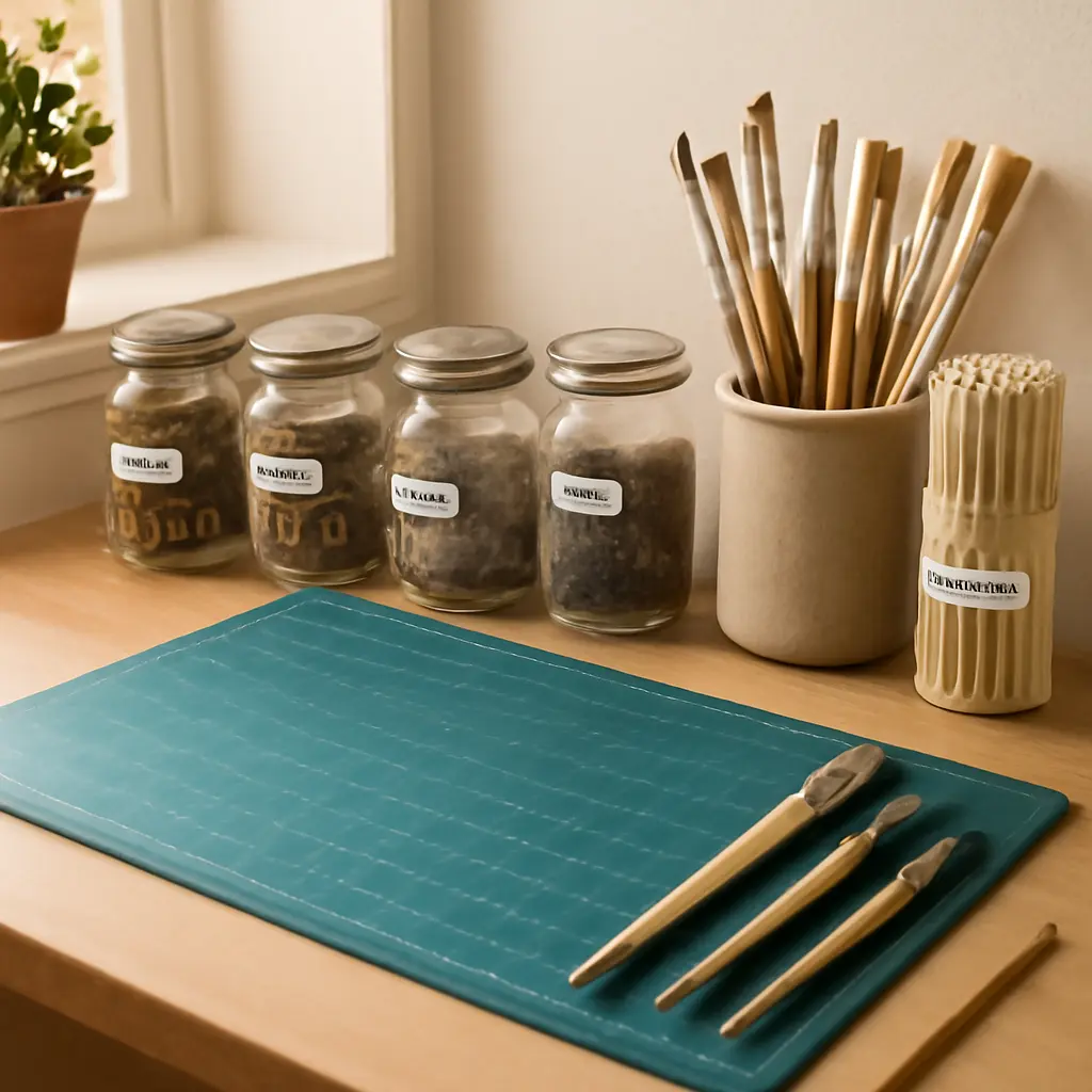 A small, organized home craft station with labeled jars and tools