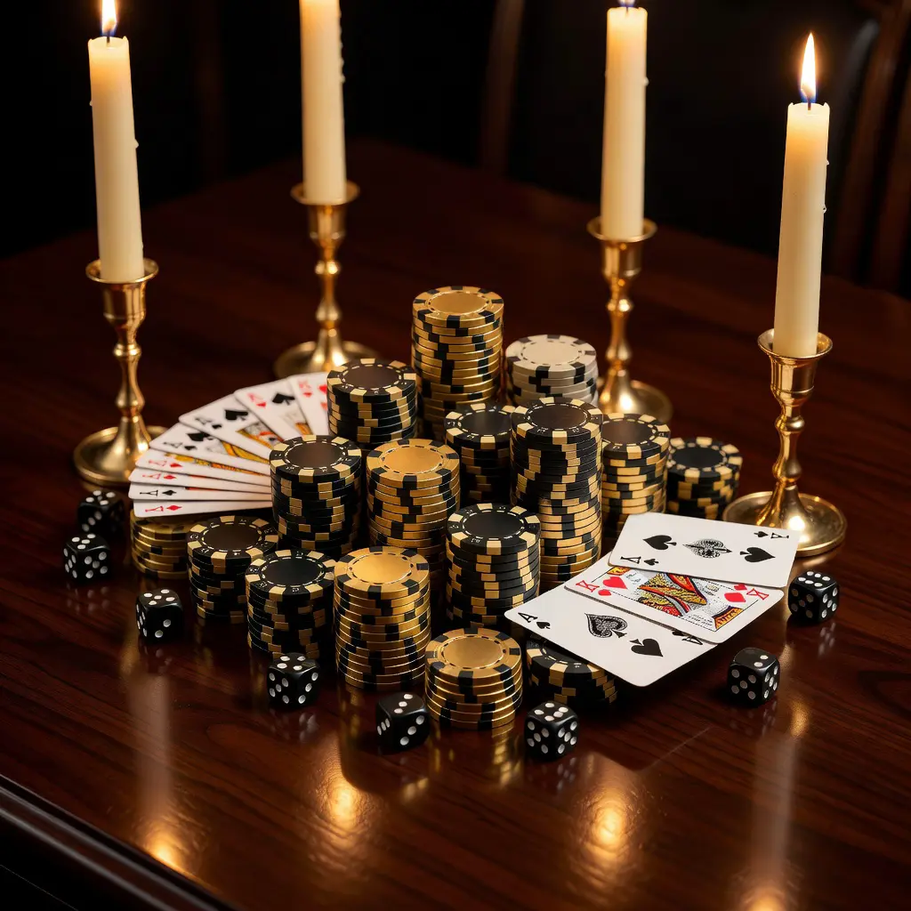 A finished handmade casino-themed DIY centerpiece on a dark wooden table featuring gold poker chips, playing cards, black dice, and tall elegant candle holders