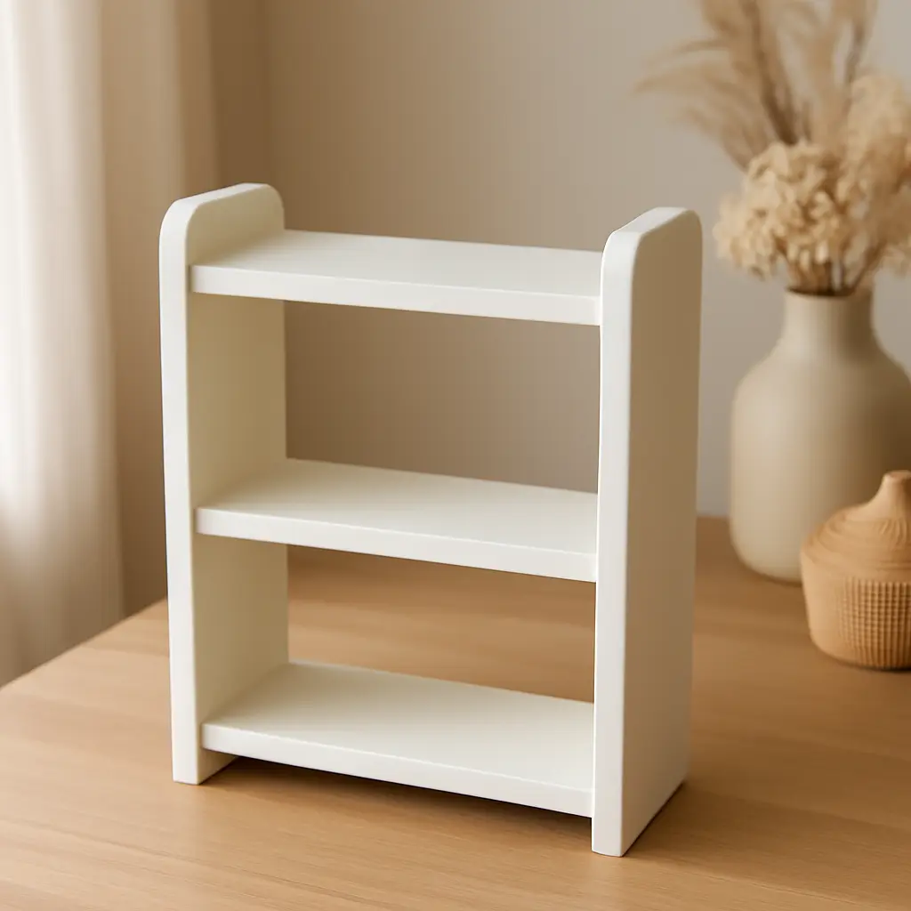 Handmade wooden shelf with clean painted edges and decorative accents