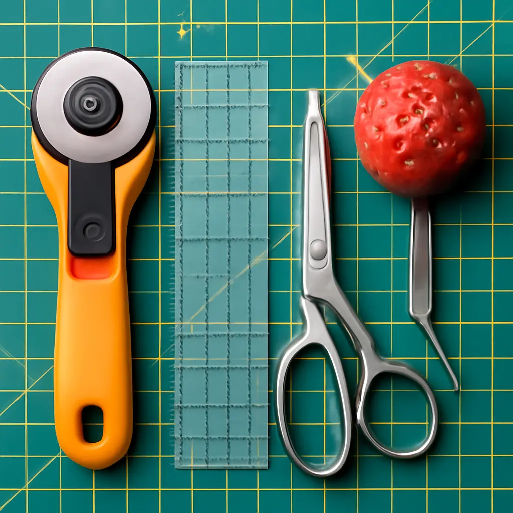 Sewing tools on a cutting mat including scissors, rotary cutter, and ruler