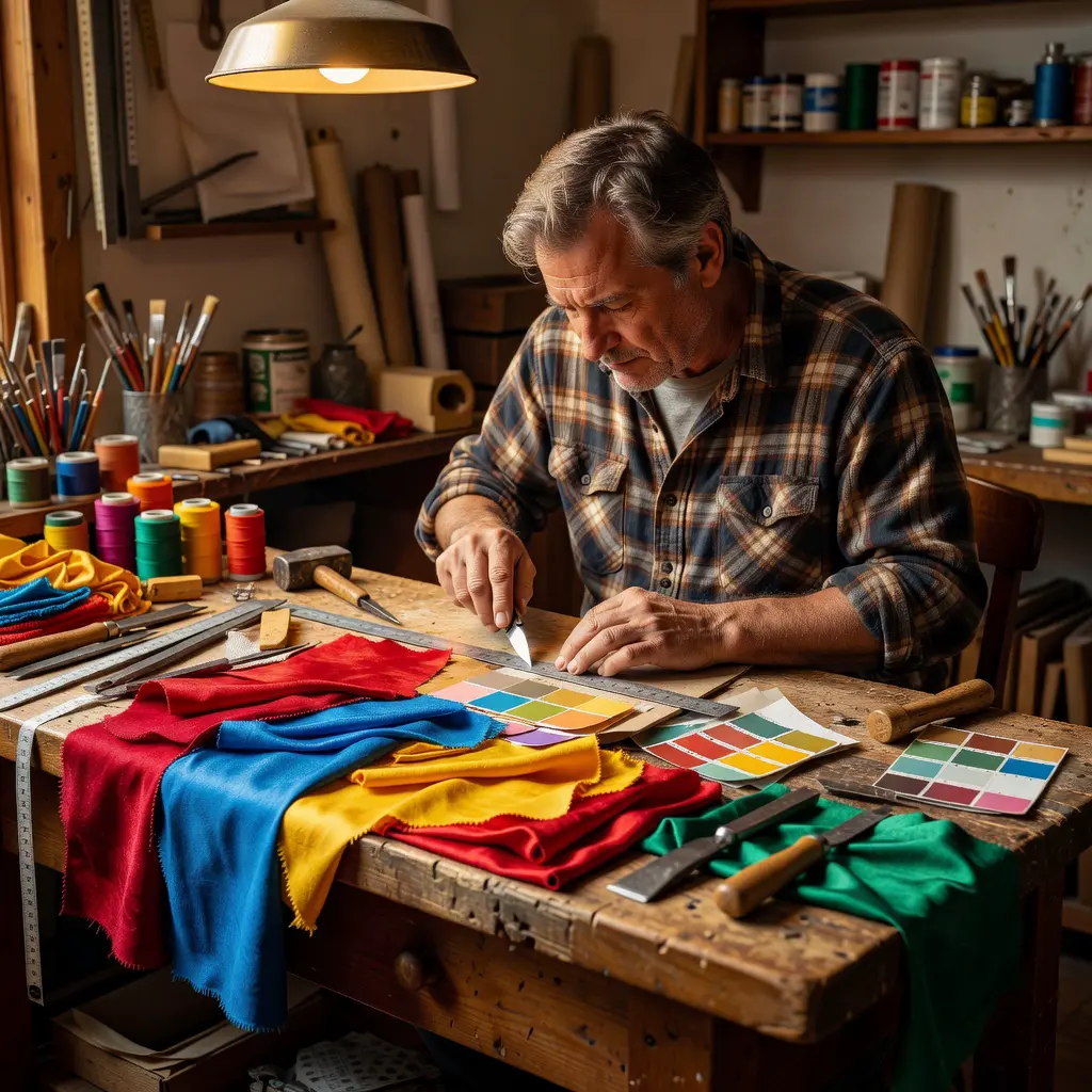 A focused crafter sitting at a wooden workbench surrounded by fabric swatches, paint samples, and planning notes for a DIY home project