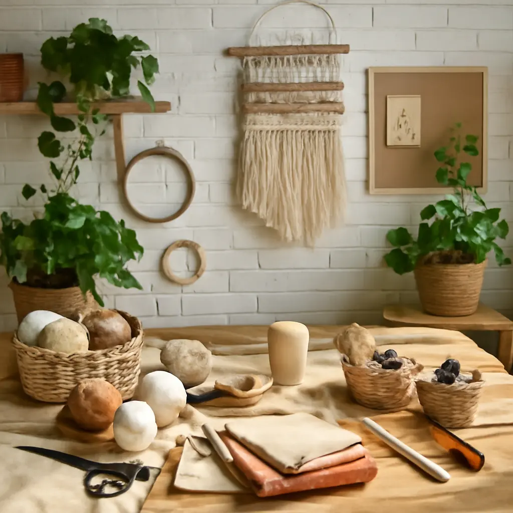 Crafts workspace showing natural materials and tools for sustainable projects