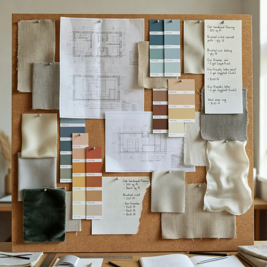 A colorful mood board with fabric swatches, paint samples, sketches and material lists pinned to a corkboard for a DIY home renovation project