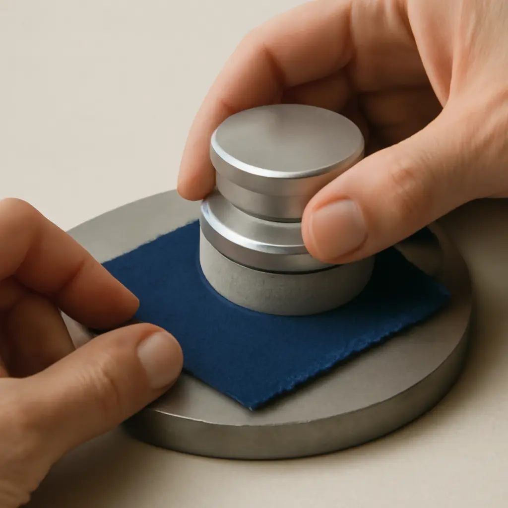 Hands testing fabric strength with a small abrasion sample