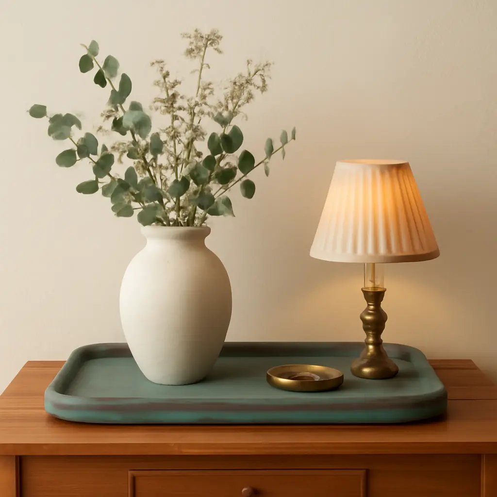 Styled vignette featuring upcycled tray, vase, and small lamp on a console table