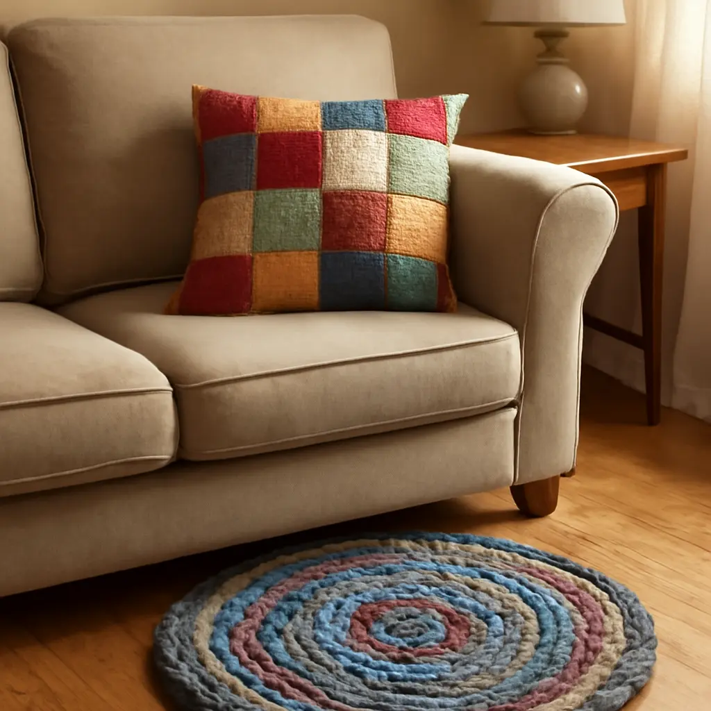 Finished recycled fabric pillow and braided tee rug on a living room floor