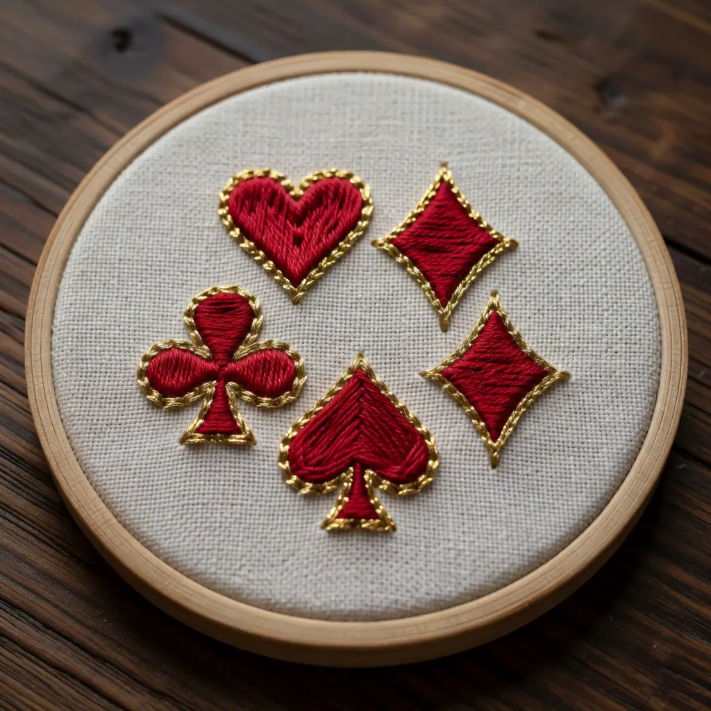 Hand-embroidered card suit motifs on linen fabric Hand-embroidered playing card suit symbols in gold and crimson thread on natural linen fabric, displayed in an embroidery hoop as home wall art