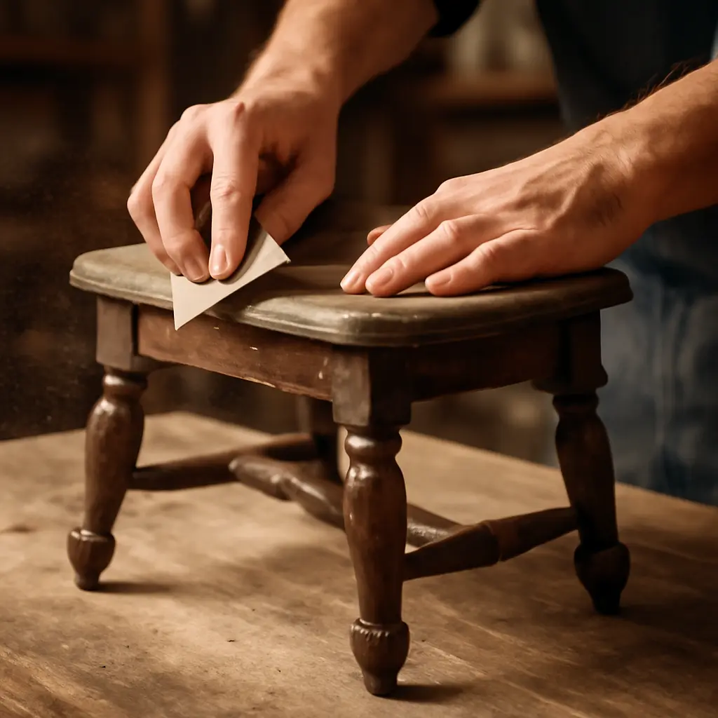 Close-up of hands sanding a vintage wooden stool preparing it for painting