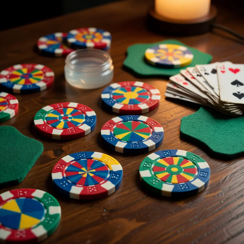Colorful handmade poker chip coasters arranged on a dark wooden surface alongside playing cards, felt backing material, and DIY craft adhesive