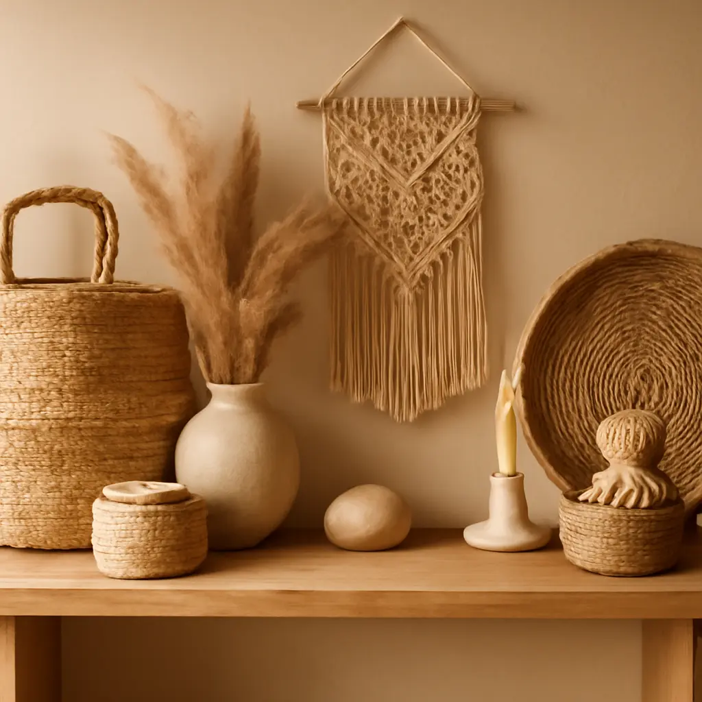 Assorted sustainable handmade home decor items displayed on a shelf