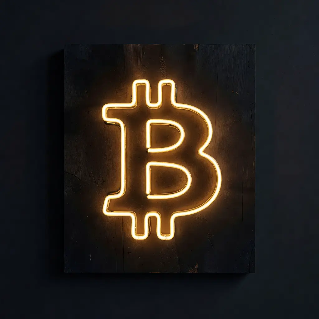 Handmade neon Bitcoin symbol wall light mounted on dark wood A handcrafted LED neon Bitcoin symbol in warm gold glowing against a dark charcoal painted plywood panel mounted on a home gaming room wall with ambient light surrounding it