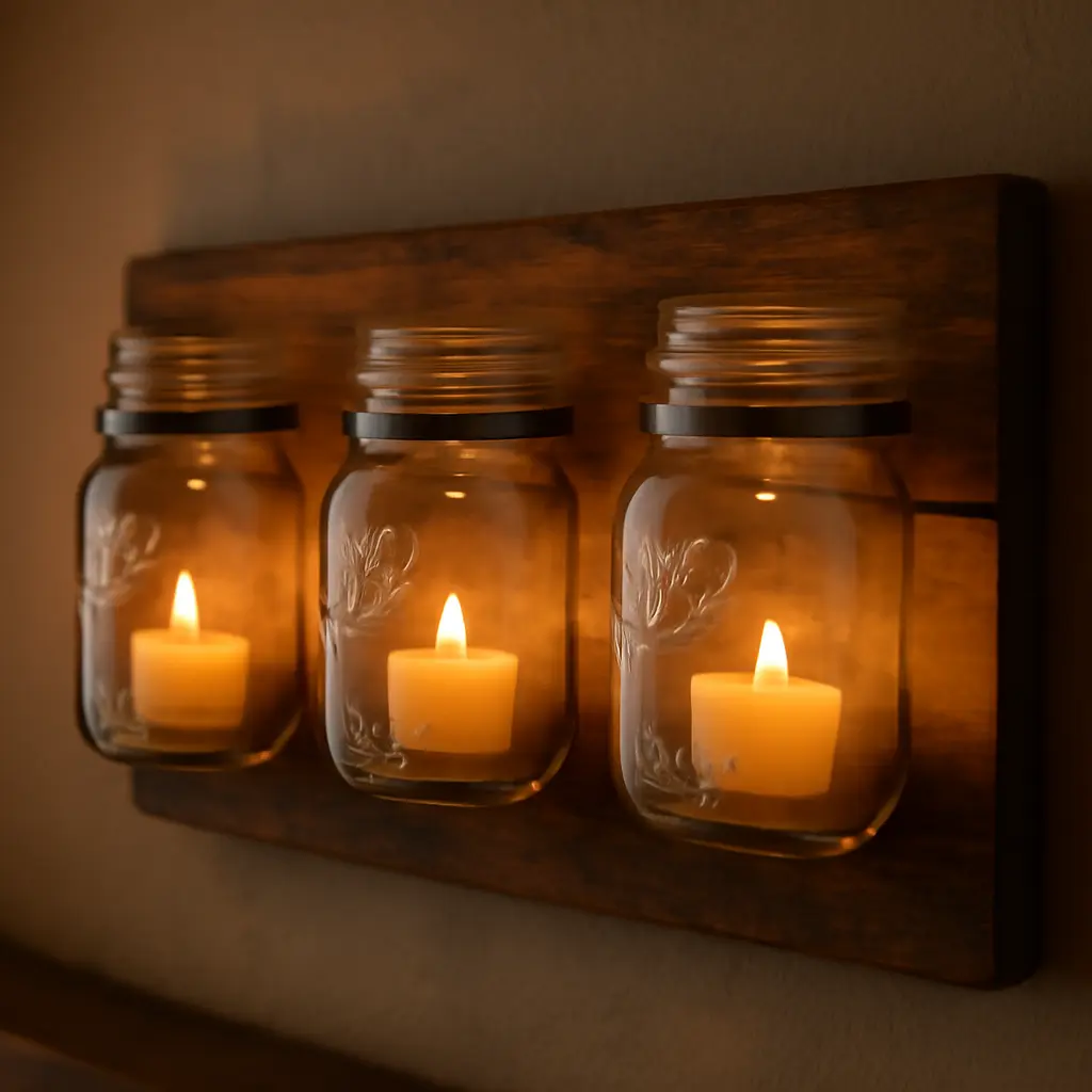 Mason jar sconces holding candles and fairy lights on a wooden board