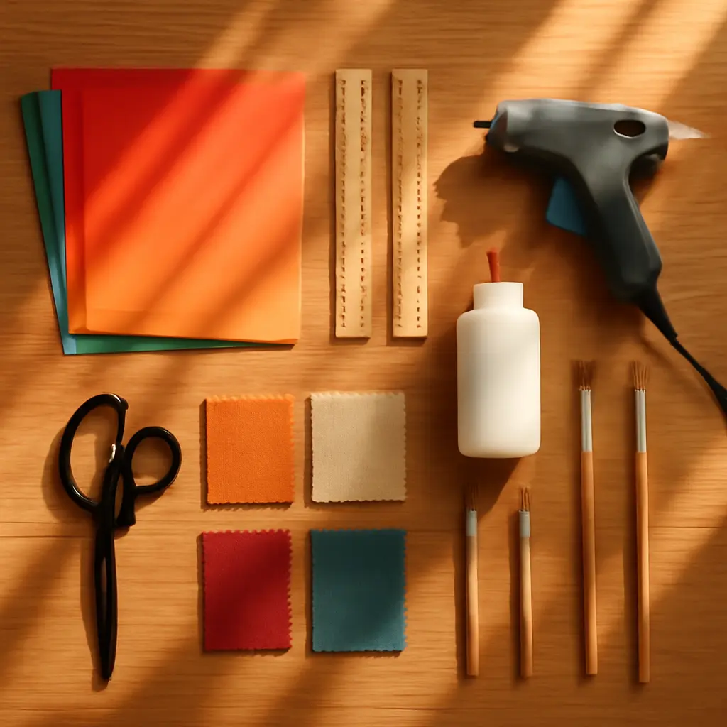 Organized beginner crafting workspace Well-organized crafting workspace with essential tools including scissors, cutting mat, ruler, and fabric arranged on a clean wooden table under bright lighting