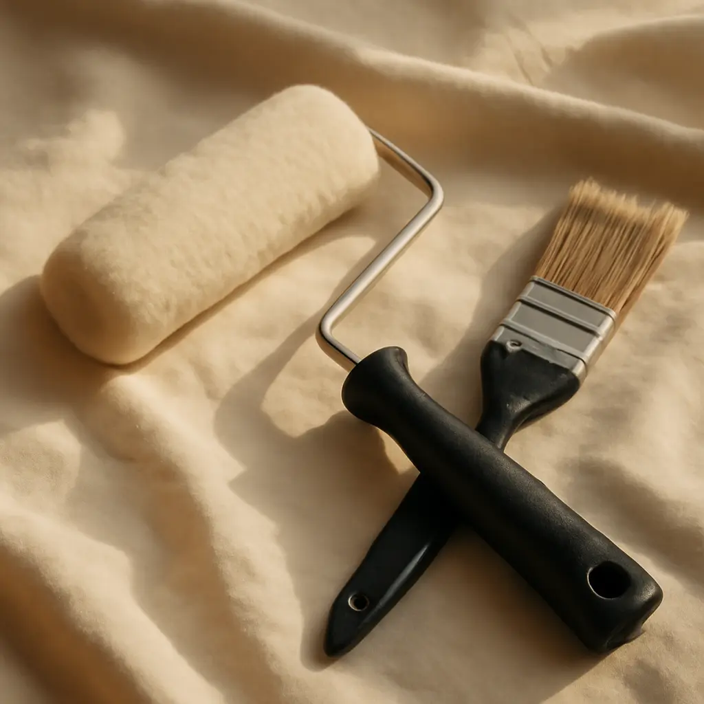 Paint roller and brush on drop cloth Paint roller, angled sash brush, and drop cloth for prepping a wall