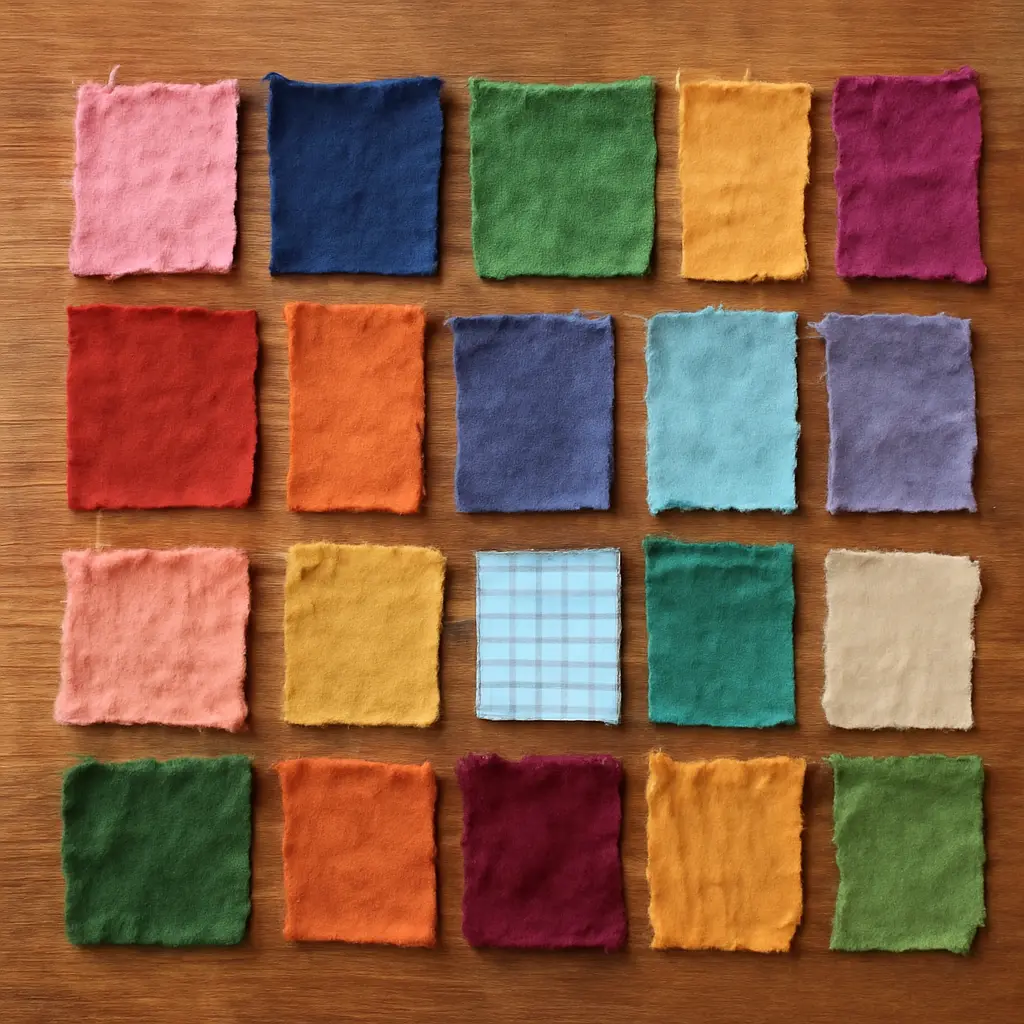 Assortment of colorful recycled fabrics folded on a table