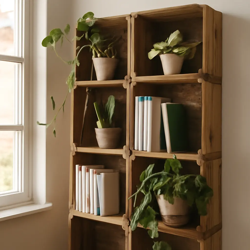 Upcycled wooden crate shelf used as wall storage