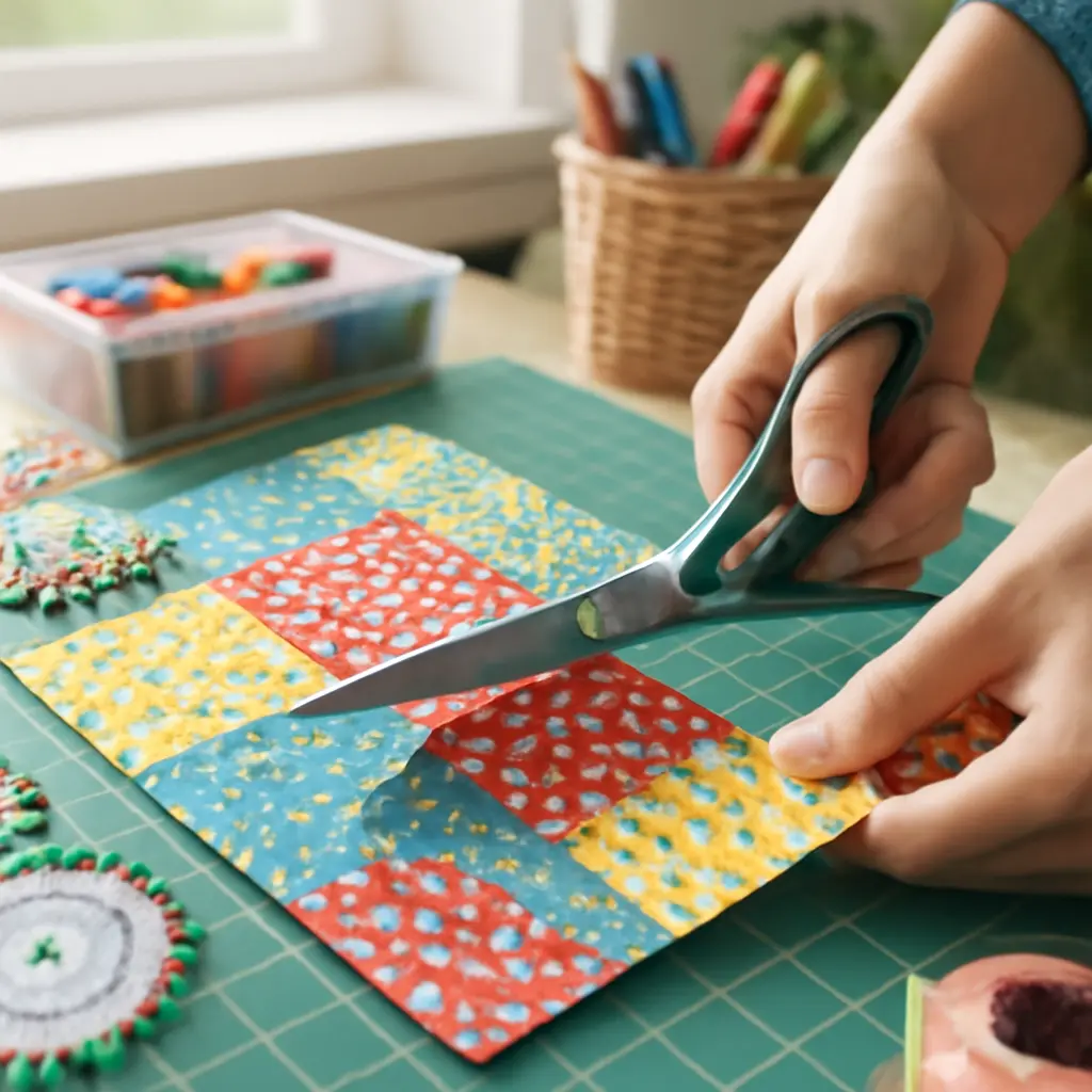 Step-by-step craft project in progress Hands carefully cutting colorful fabric on a self-healing cutting mat with craft tools nearby during a beginner project