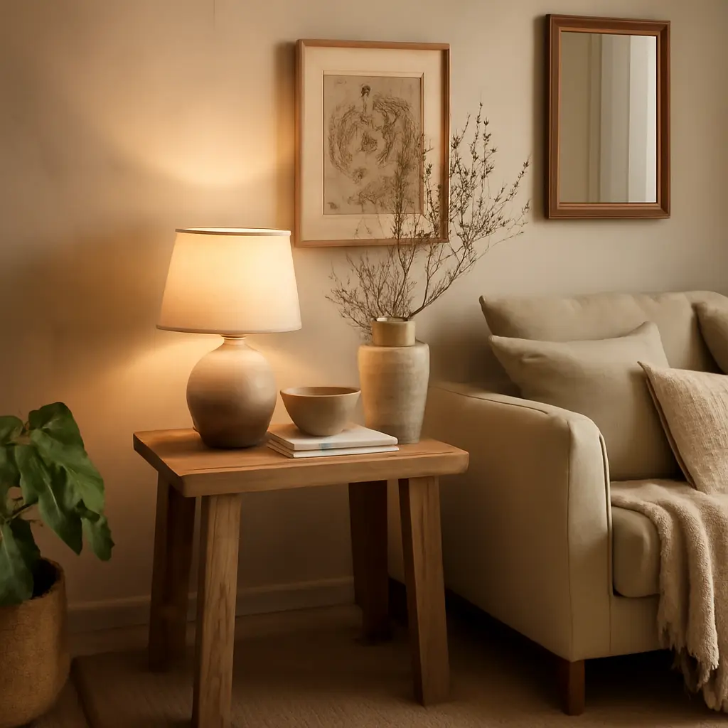 Styled living room vignette showcasing an upcycled side table and neutral decor