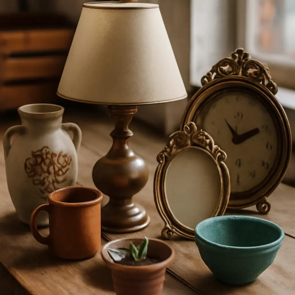 Assortment of thrifted home decor items on a wooden worktable for upcycling